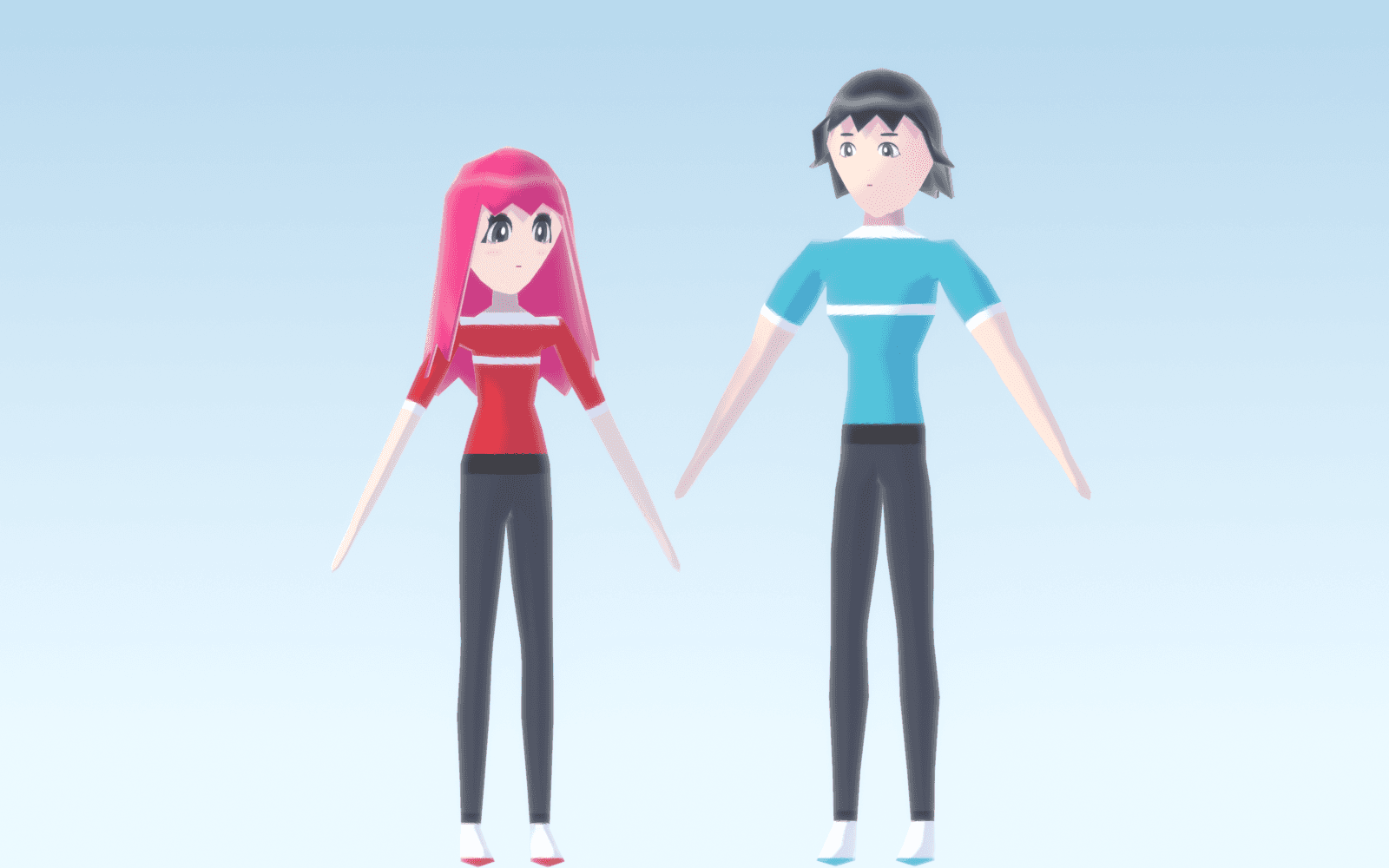 Two low-poly anime characters made in Anima: Sally in a red tee and Steve in a blue tee.
