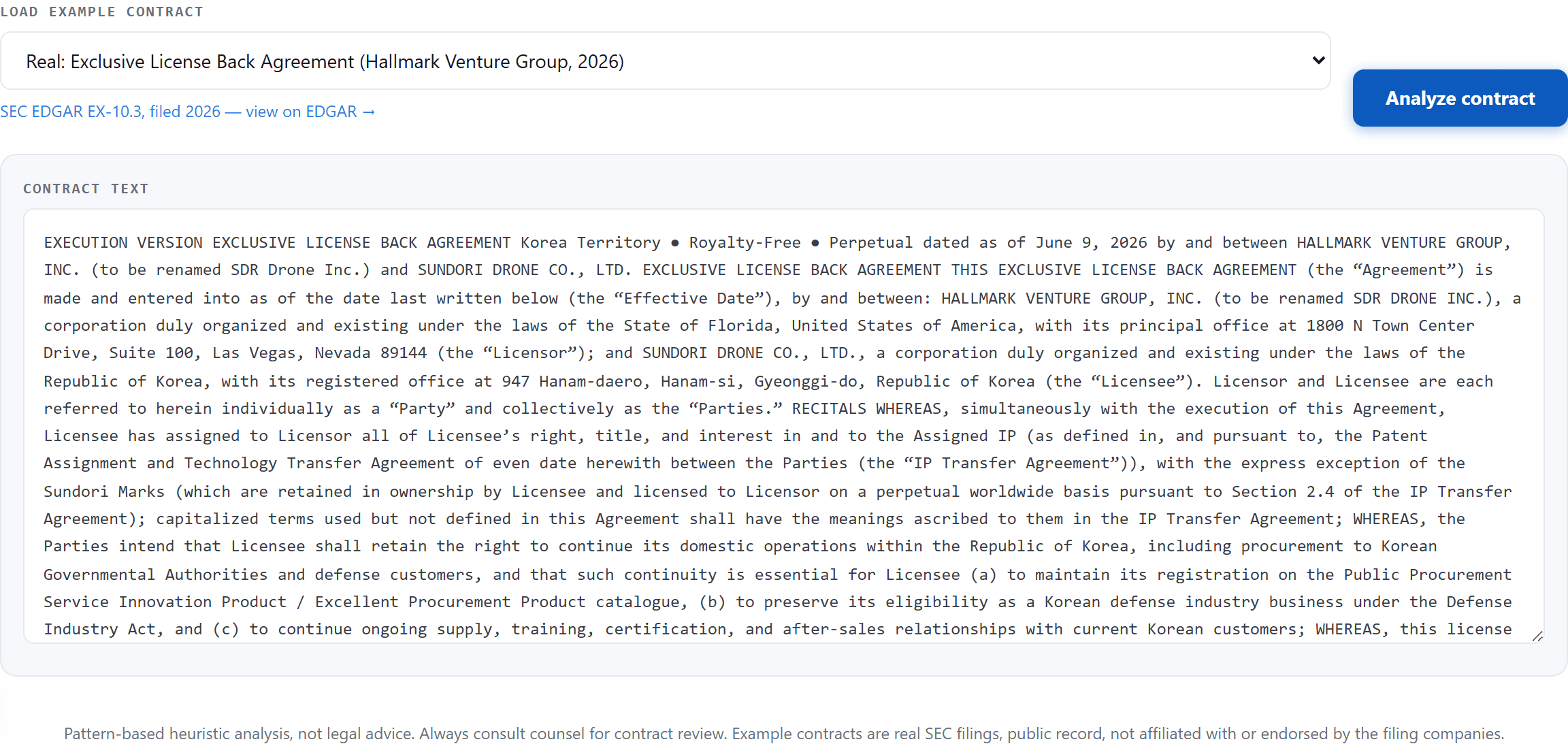 Contract risk tool highlighting a one-sided clause it flagged in an uploaded contract.