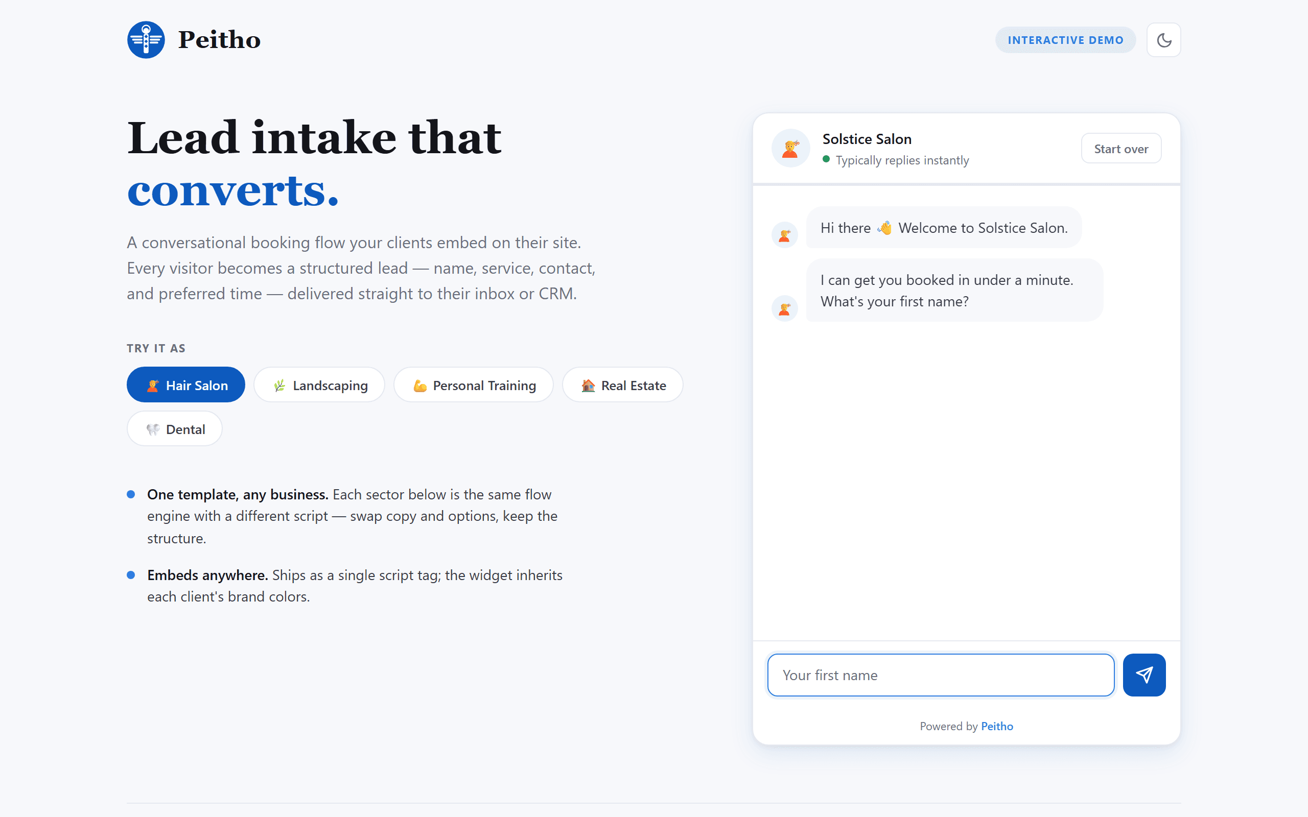 Peitho chatbot conversation interface qualifying a sales lead.