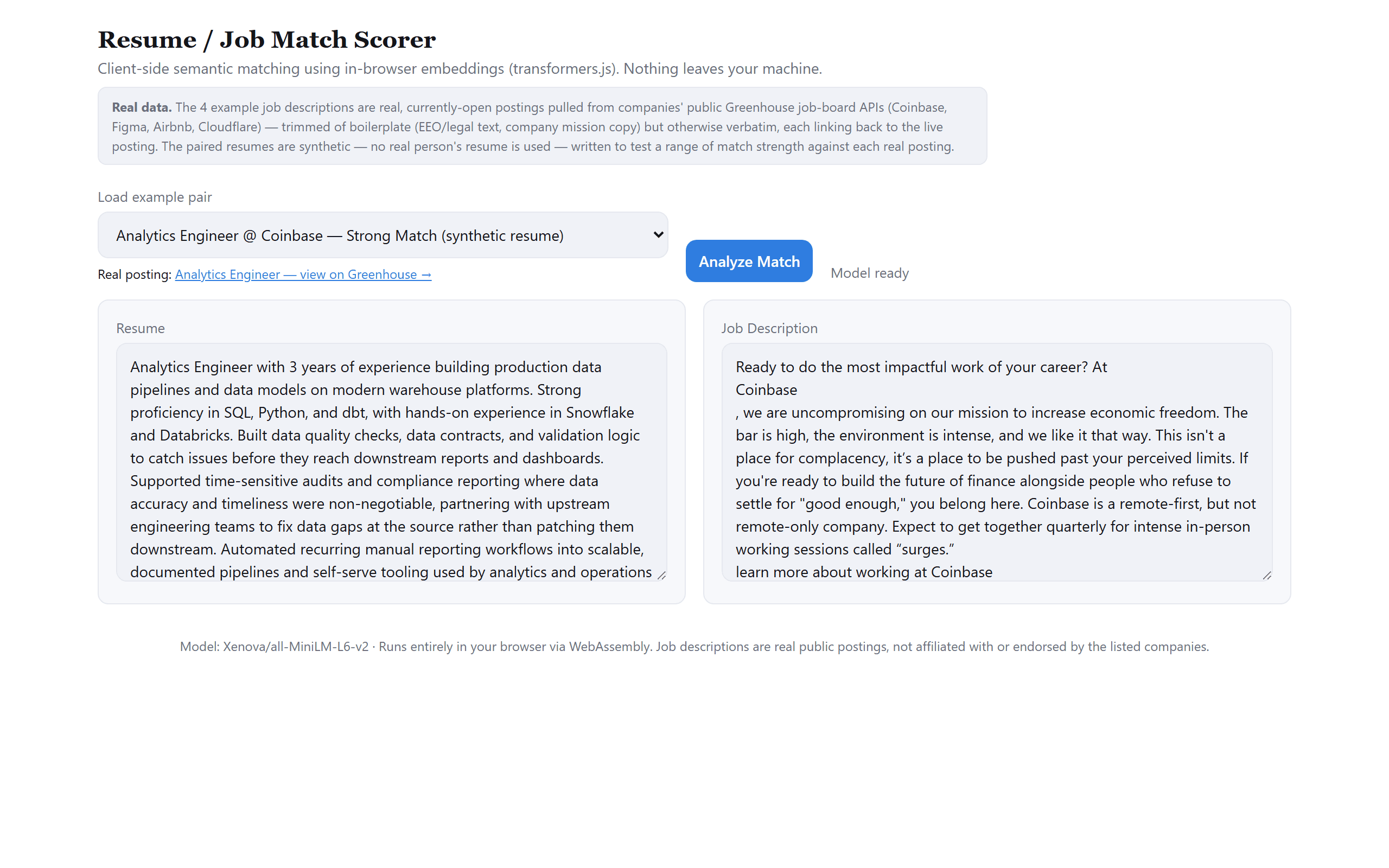 Resume-job match scorer showing a similarity score between a resume and a job description.